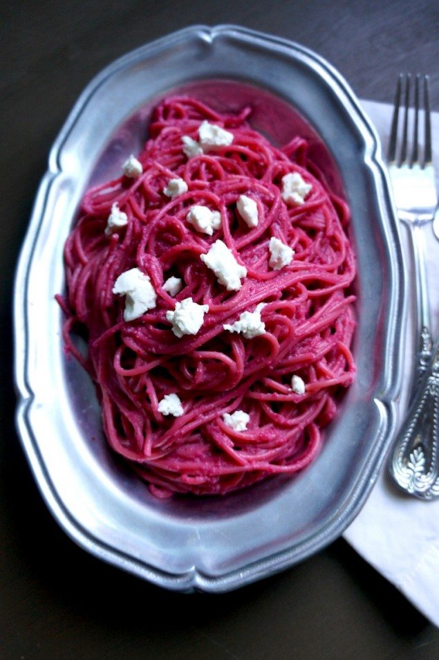 Vibrant Beet Pesto Served with Pasta and Goat Cheese