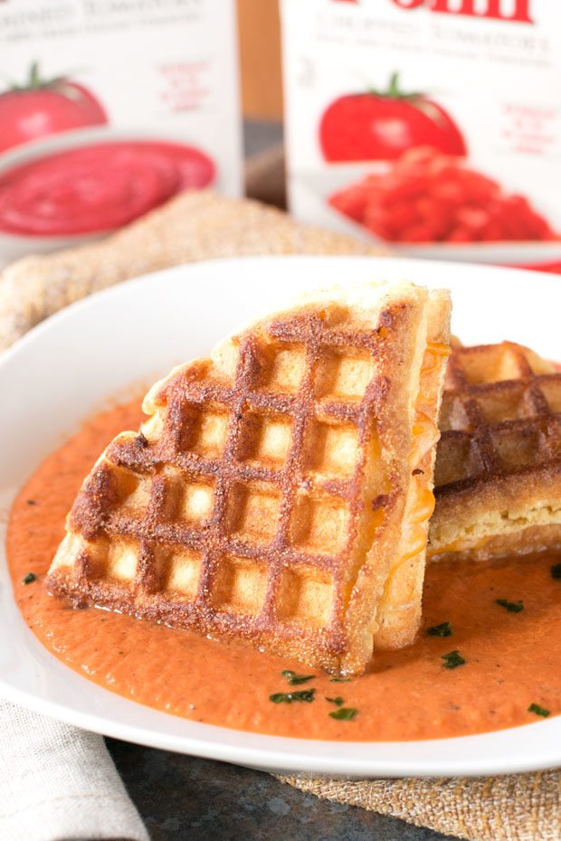 Tomato Basil Soup and Cornbread Waffle Grilled Cheese