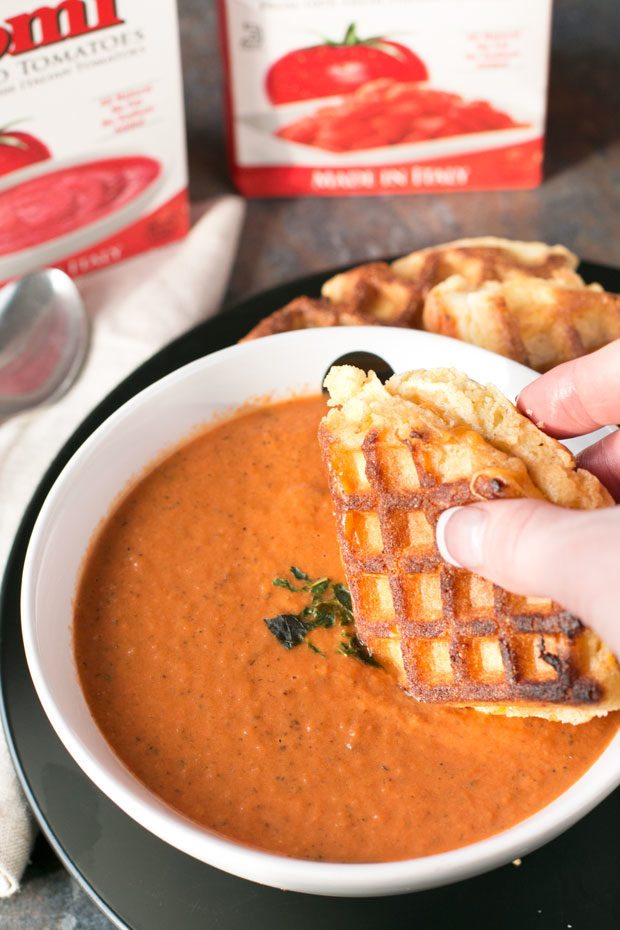 Tomato Basil Soup and Cornbread Waffle Grilled Cheese