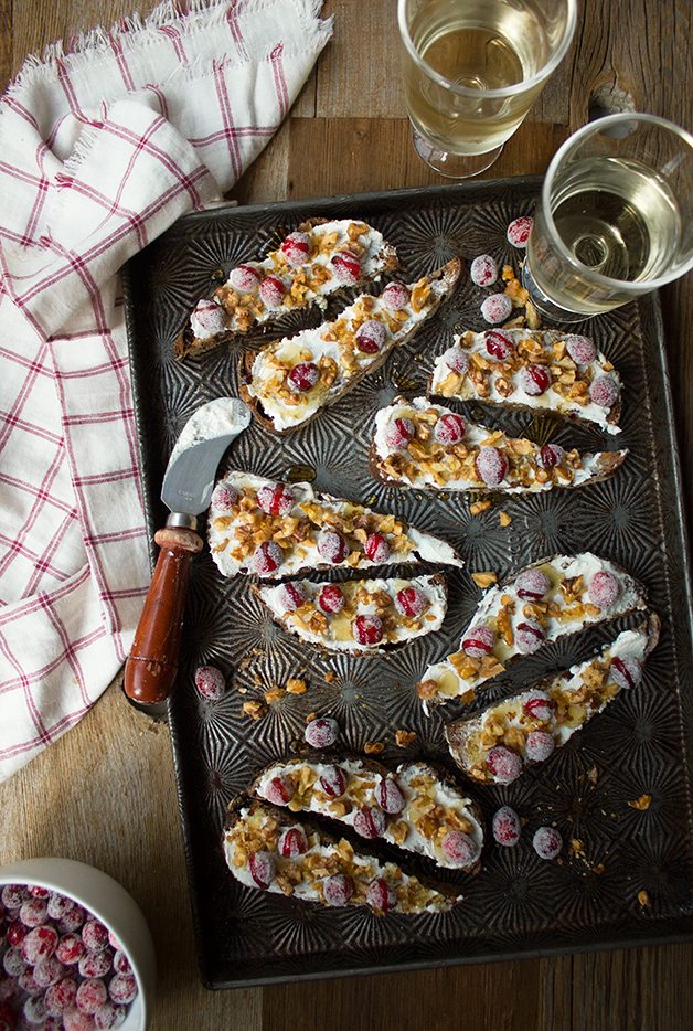 Sugared Cranberry and Walnut Goat Cheese Crostini