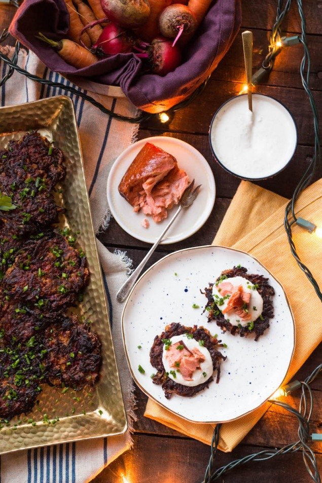 Smoked Salmon, Beet and Carrot Latkes with Horseradish Cream