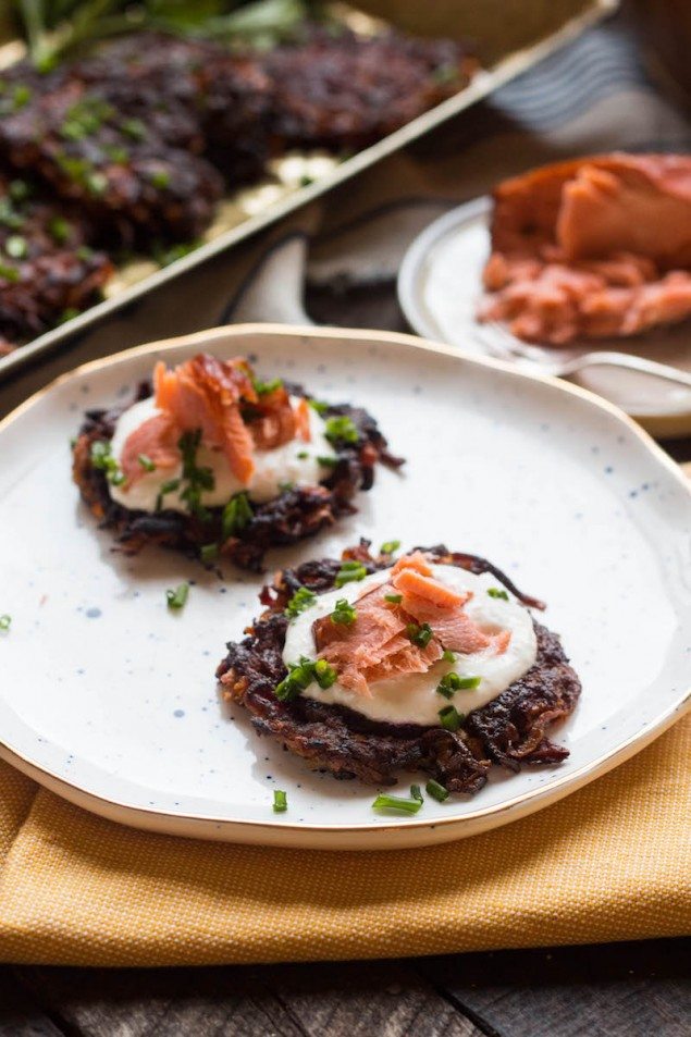 Smoked Salmon, Beet and Carrot Latkes with Horseradish Cream