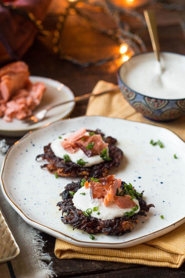 Smoked Salmon, Beet and Carrot Latkes with Horseradish Cream