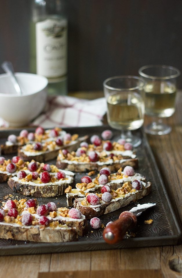 Sugared Cranberry and Walnut Goat Cheese Crostini