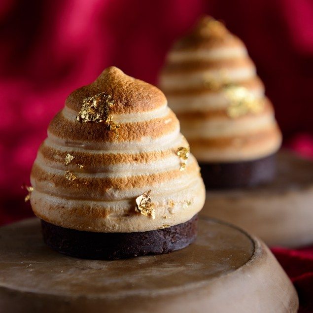 Baked Honey Meringue filled with Chocolate Sabayon Mousse