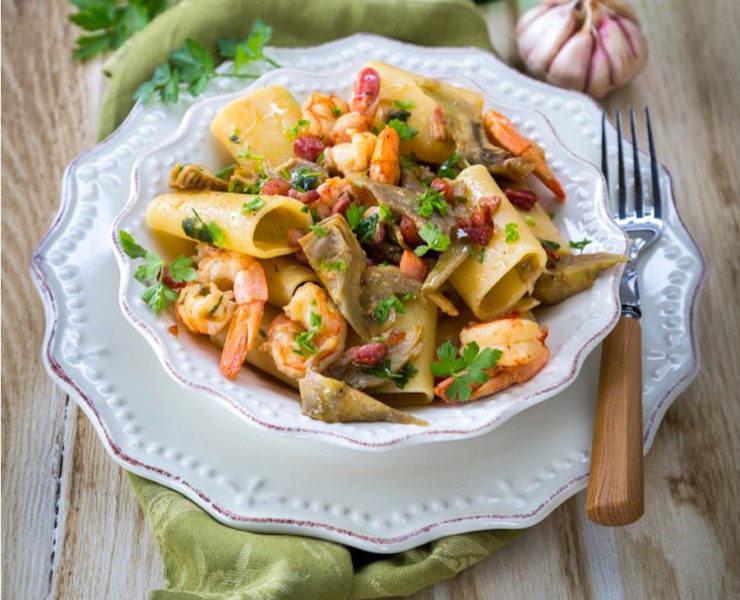 Paccheri Pasta with Artichokes, Shrimp and Pancetta Recipe