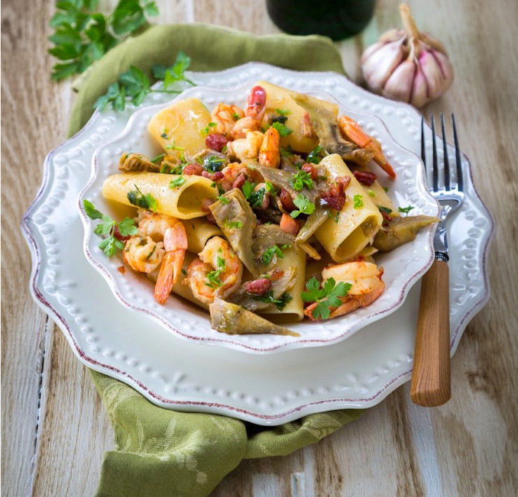 Paccheri Pasta with Artichokes, Shrimp and Pancetta Recipe