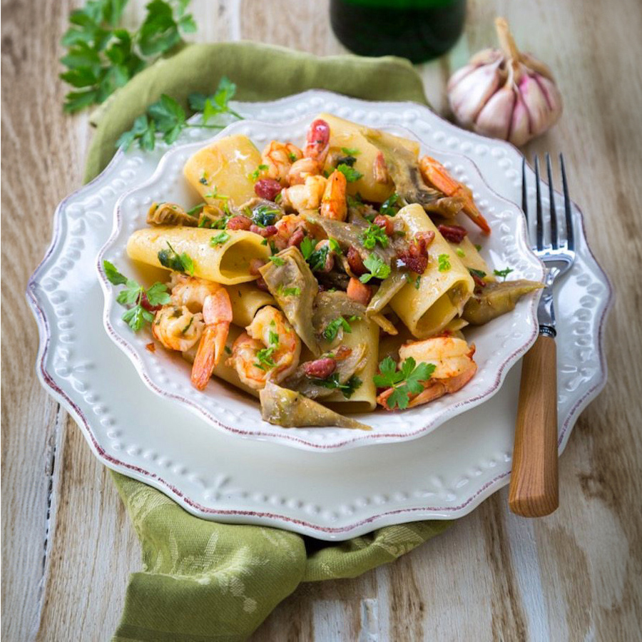 Paccheri Pasta with Artichokes, Shrimp and Pancetta Recipe