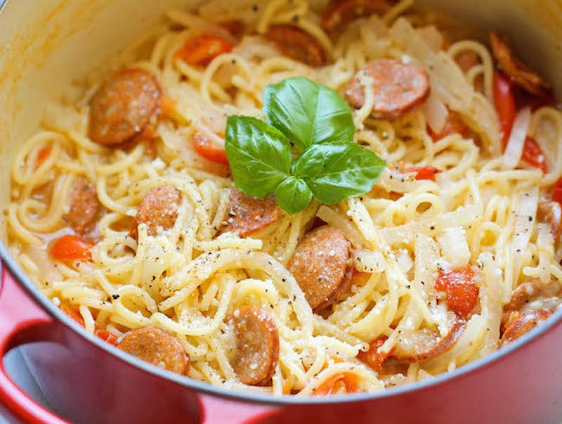 Блюда из спагетти и сосисок рецепты с фото