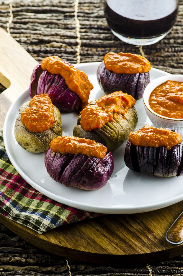 Grilled Hasselback Potatoes with Romesco Sauce