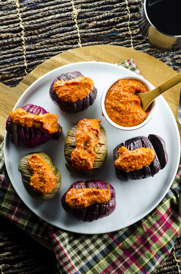 Grilled Hasselback Potatoes with Romesco Sauce