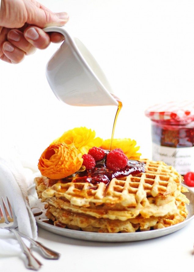 Green Chili and Cheese Cornbread Waffles with Raspberry Preserves