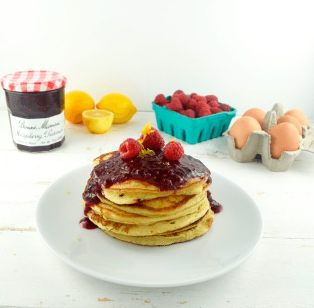 Greek Yogurt Lemon Pancakes with Raspberry Preserves