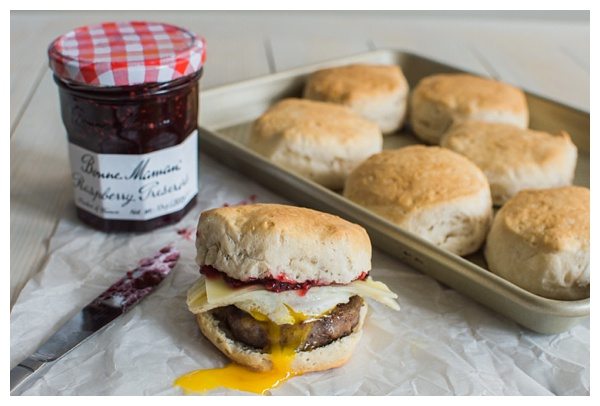 Sweet and Spicy Sausage and Raspberry Breakfast Sandwich