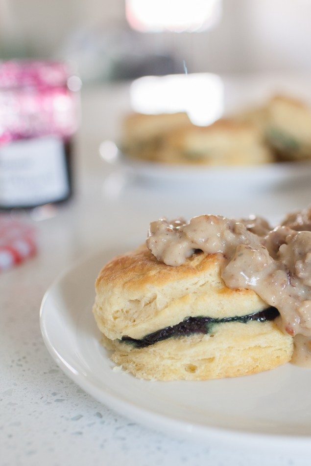 Sweet and Savory Blueberry Preserve Biscuits with Sausage Gravy