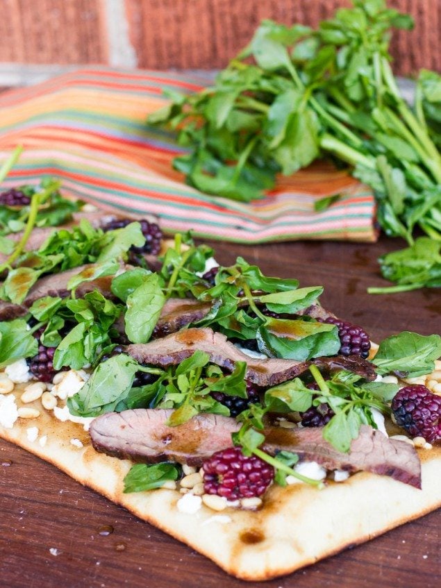 Grilled Steak and Watercress Flatbread with Blackberries