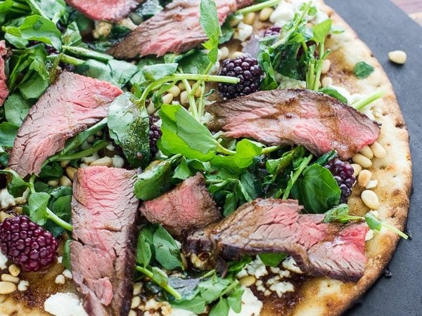 Grilled Steak and Watercress Flatbread with Blackberries