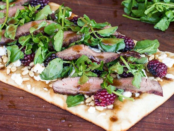 Grilled Steak and Watercress Flatbread with Blackberries