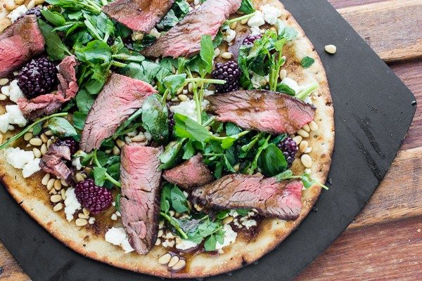 Grilled Steak and Watercress Flatbread with Blackberries