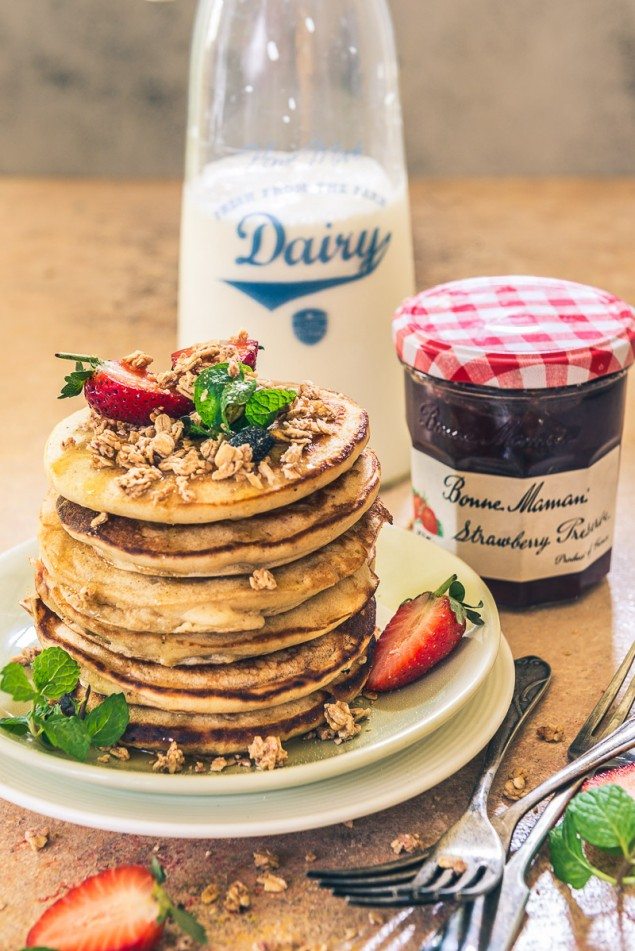 Strawberry Granola Pancakes