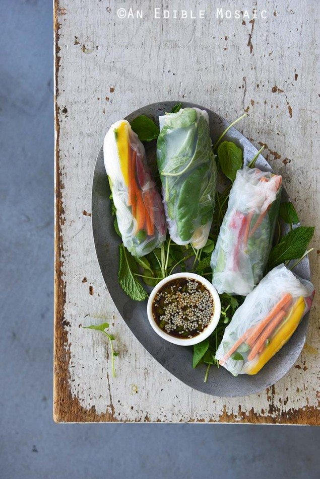 Watercress, Mango, and Mint Summer Rolls with Ginger-Sesame Sauce