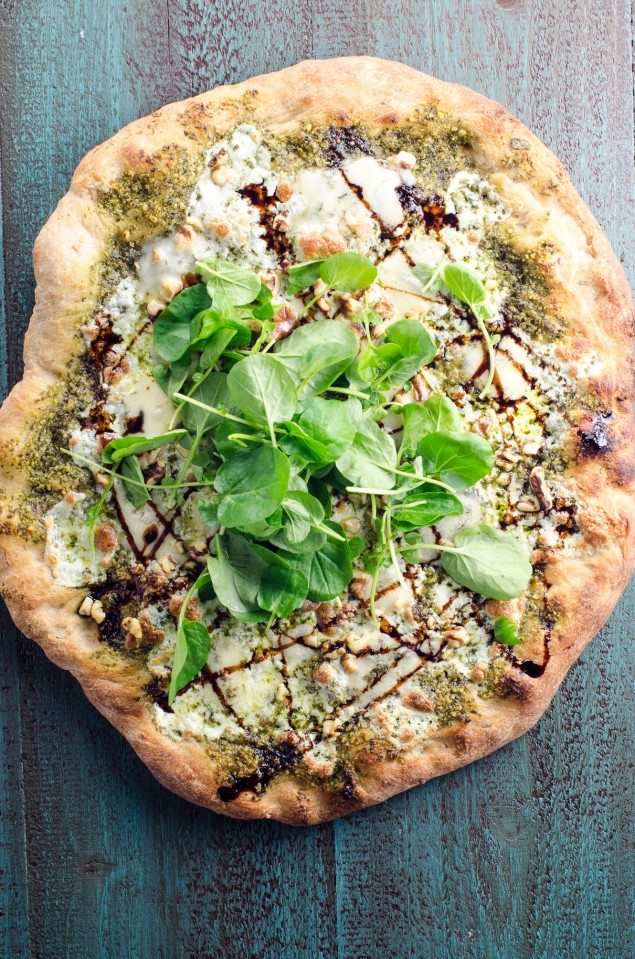 Blue Cheese and Watercress Pesto Pizza with Balsamic Glaze