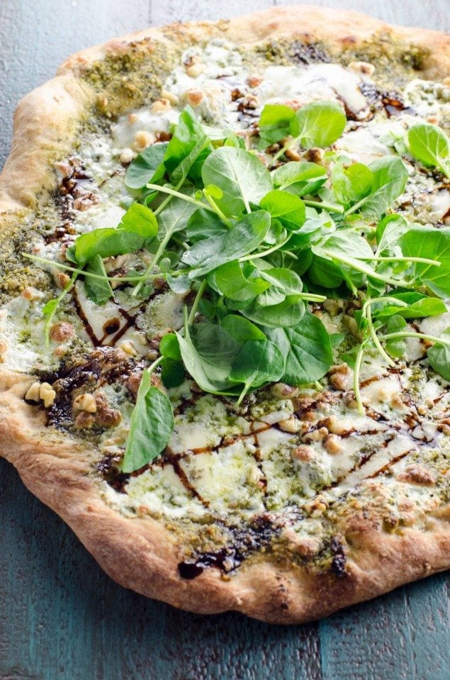 Blue Cheese and Watercress Pesto Pizza with Balsamic Glaze