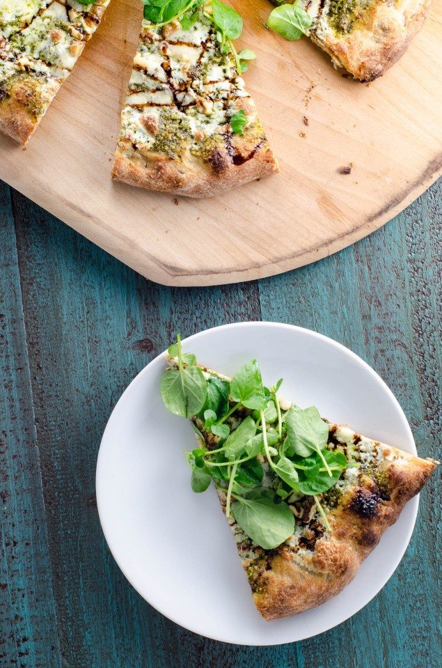 Blue Cheese and Watercress Pesto Pizza with Balsamic Glaze