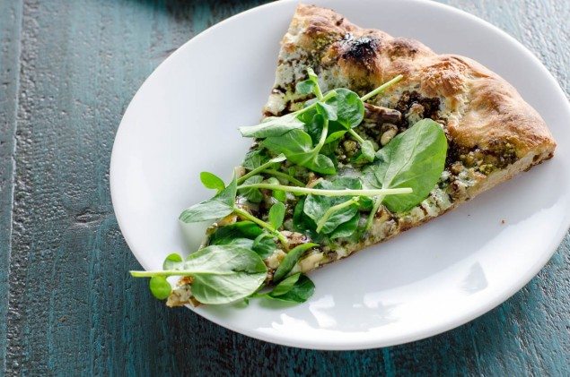 Blue Cheese and Watercress Pesto Pizza with Balsamic Glaze