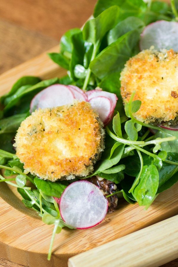Fried Herbed Goat Cheese and Radish Watercress Salad