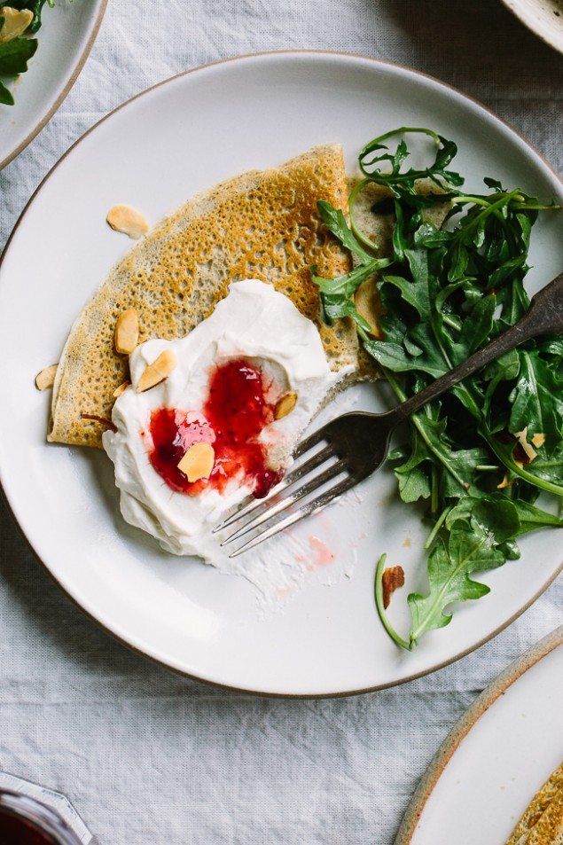 Whipped Goat Cheese, Ricotta and Strawberry Buckwheat Crepes