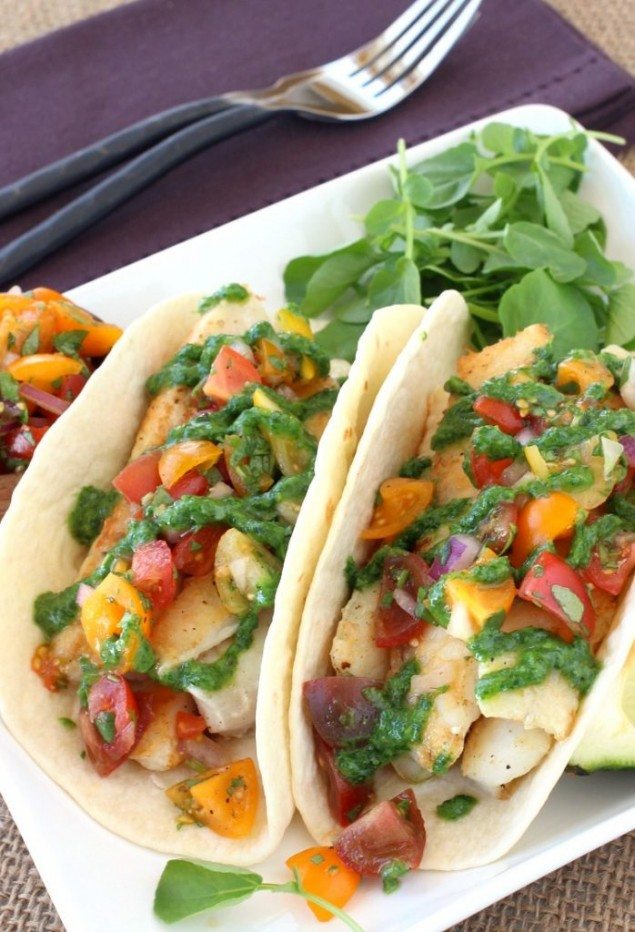 Fish Tacos with Watercress Sauce