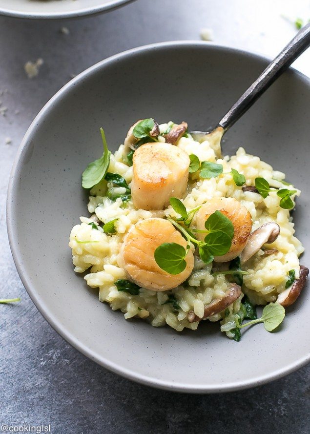 Watercress and Shiitake Risotto with Scallops