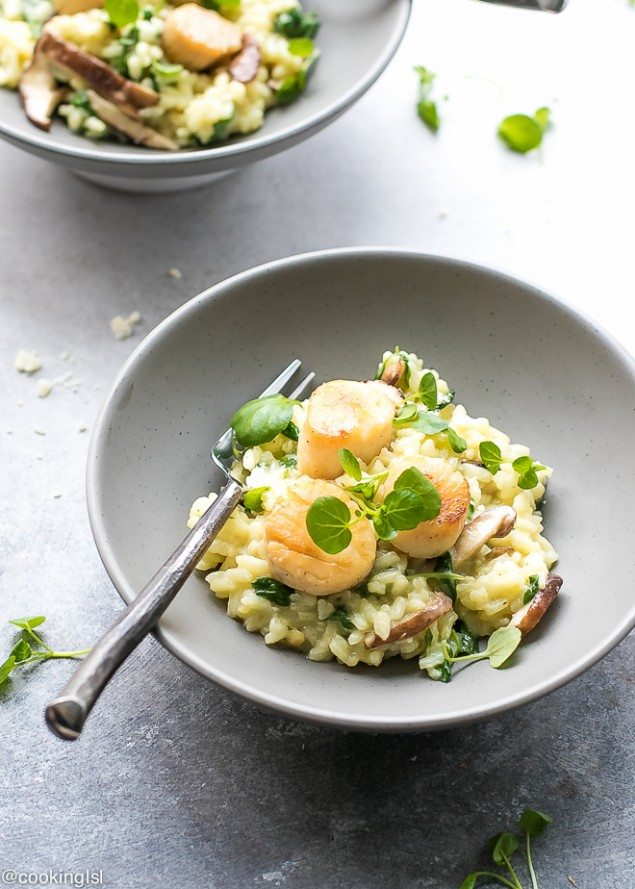 Watercress and Shiitake Risotto with Scallops