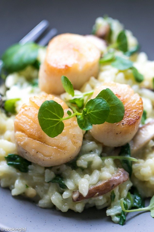 Watercress and Shiitake Risotto with Scallops