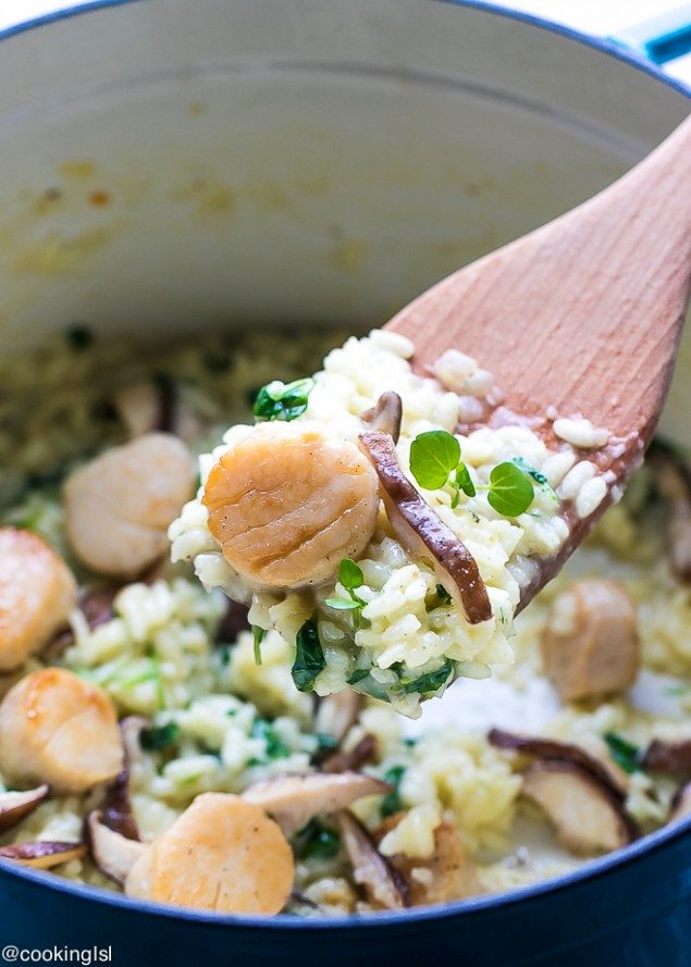 Watercress and Shiitake Risotto with Scallops