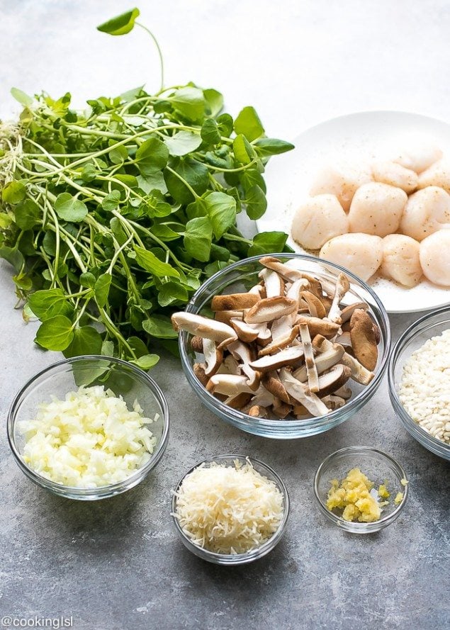 Watercress and Shiitake Risotto with Scallops