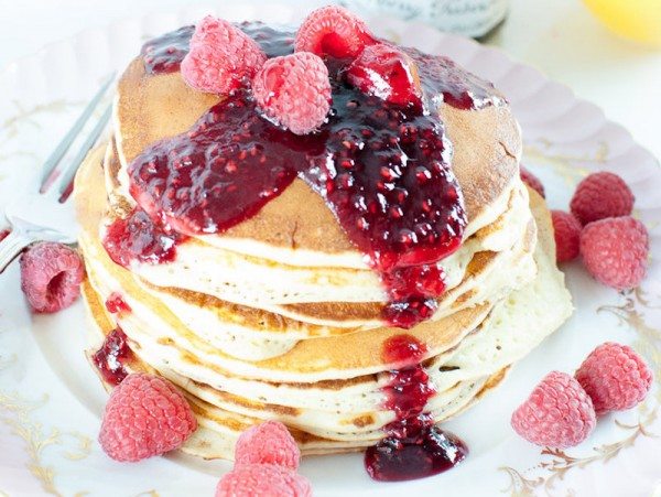 Lemon Ricotta Pancakes with Raspberry Preserves