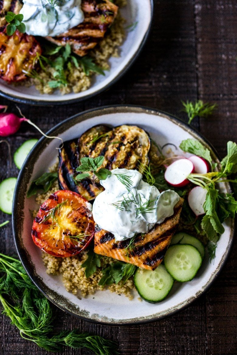 Grilled Salmon Bowls with Yogurt Sauce