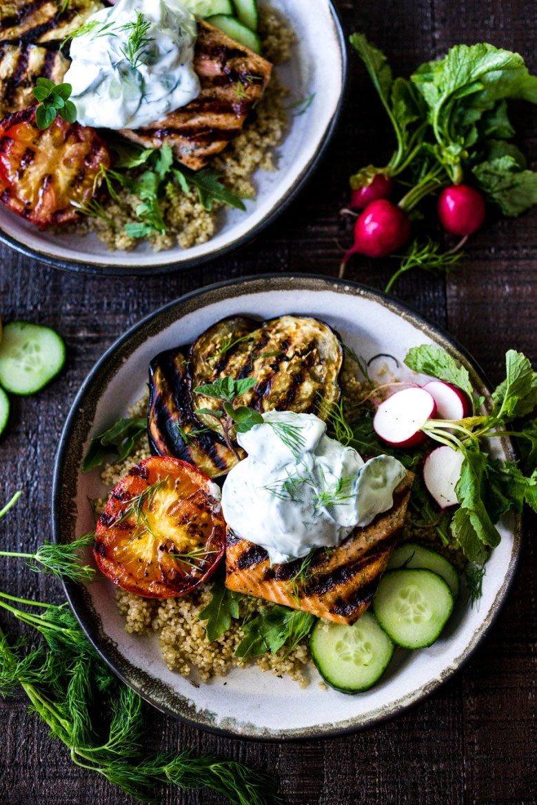 Grilled Salmon Bowls with Yogurt Sauce