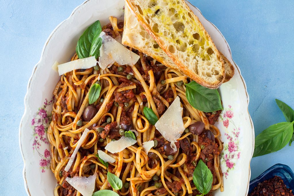 Pasta Puttanesca with Beaujolais Wine