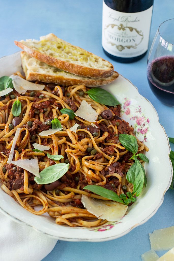 Pasta Puttanesca with Beaujolais Wine