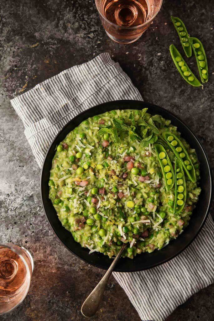 Pea, Mint and Mascarpone Risotto with Rosé and Prosciutto