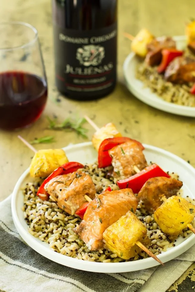 Balsamic Salmon Kabobs and Beaujolais Wine