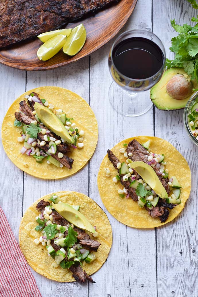 Cucumber and Corn Steak Tacos with Beaujolais Wine