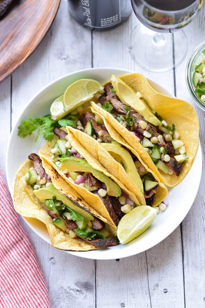 Cucumber and Corn Steak Tacos with Beaujolais Wine