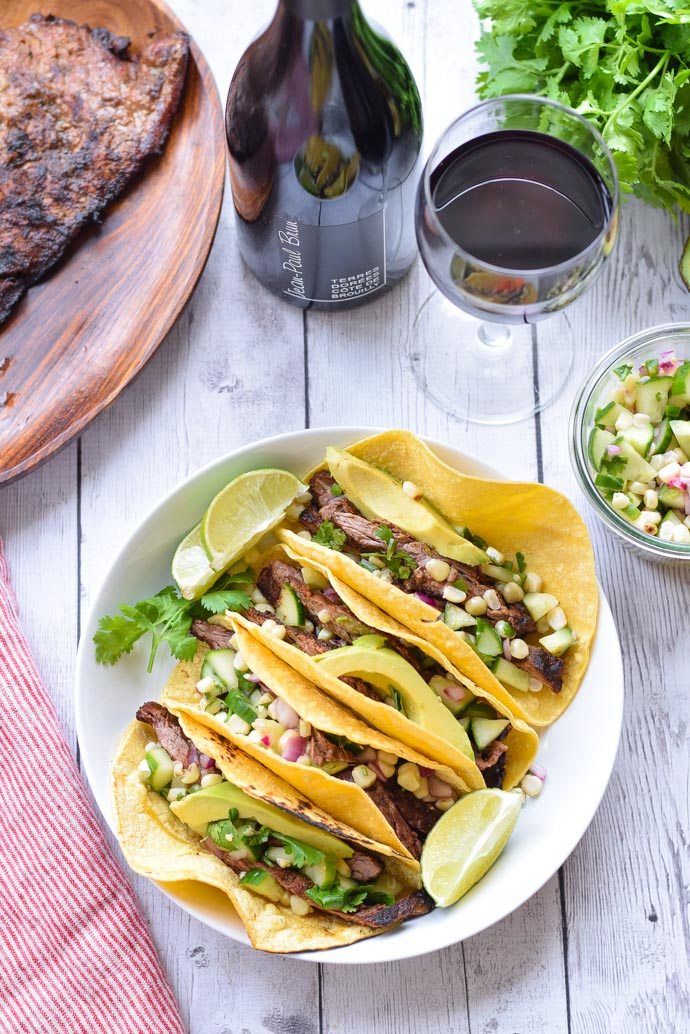 Cucumber and Corn Steak Tacos with Beaujolais Wine