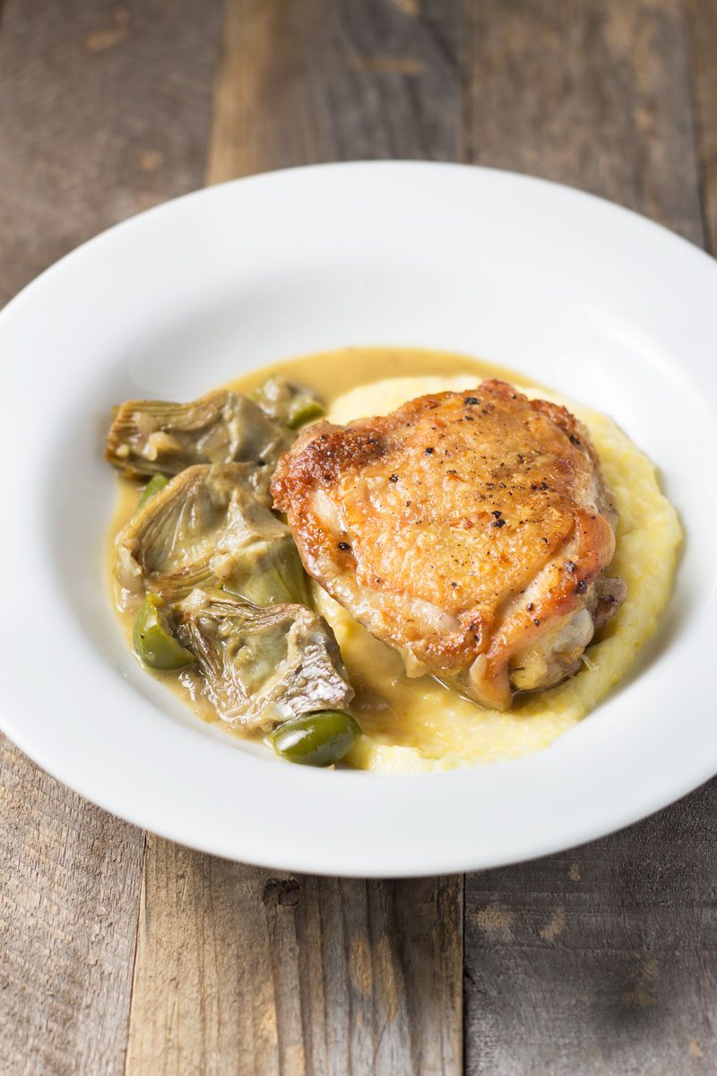 Braised Chicken Thighs Artichokes With Polenta