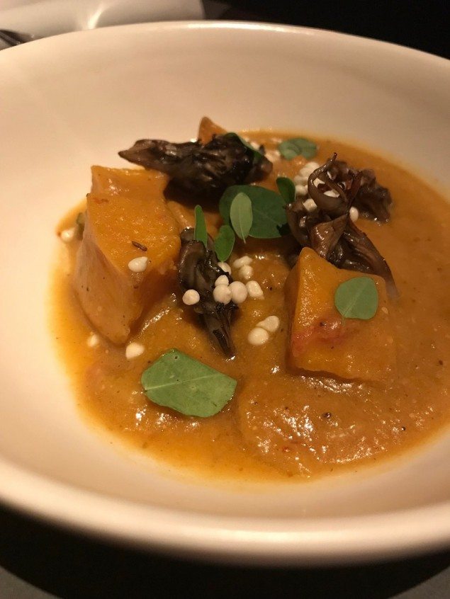 Pumpkin and hen of the woods ‘gumbo,’ pickled okra seeds