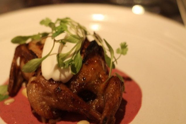 Texas quail stuffed with pine nuts, tamarind chutney, smoked carrot raita